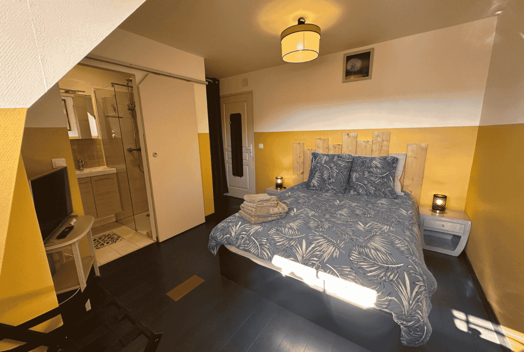 The Storks of Rosheim - The Yellow Stork Guest House - View of the bedroom and bathroom